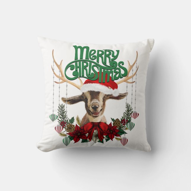 Cute Christmas Goat with Antlers and Wreath Cushion (Front)