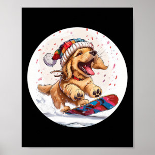 Cute Christmas Golden Retriever Dog Snowboarding S Poster