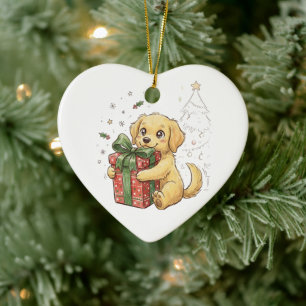 Cute Christmas Golden Retriever Puppy Hugging Gift Ceramic Ornament