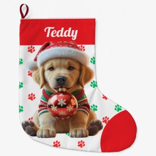 Cute Christmas Golden Retriever Puppy Personalised Large Christmas Stocking