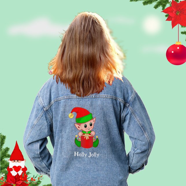Cute Christmas Green Red Elf  Denim Jacket (Creator Uploaded)