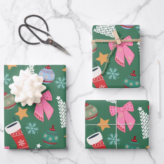 Cute Christmas Green Wrapping Paper Sheet (Front)