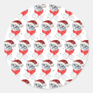 Cute Christmas Grey Tabby Cat Watercolor Classic Round Sticker