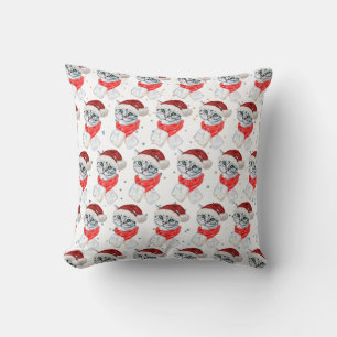 Cute Christmas Grey Tabby Cat Watercolor Cushion
