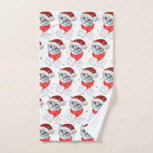 Cute Christmas Grey Tabby Cat Watercolor Hand Towel