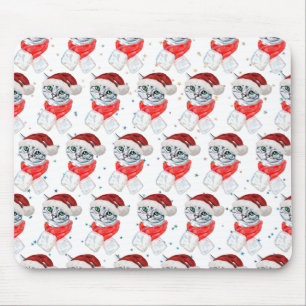 Cute Christmas Grey Tabby Cat Watercolor Mouse Pad