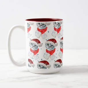 Cute Christmas Grey Tabby Cat Watercolor Two-Tone Coffee Mug