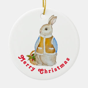 Cute Christmas hare with a basket with spruce bran Ceramic Ornament
