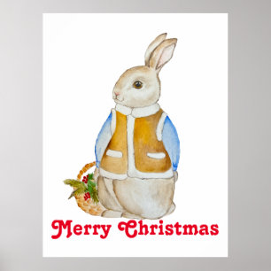 Cute Christmas hare with a basket with spruce bran Poster