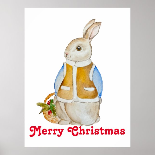 Cute Christmas hare with a basket with spruce bran Poster (Front)