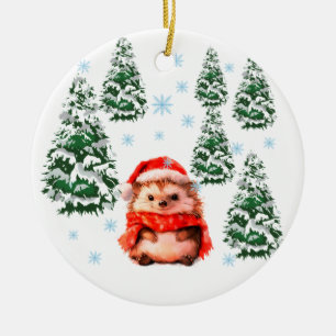 Cute Christmas Hedgehog with Santa Hat & Snowflake Ceramic Ornament