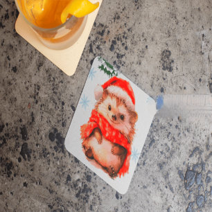 Cute Christmas Hedgehog with Santa Hat & Snowflake Square Paper Coaster