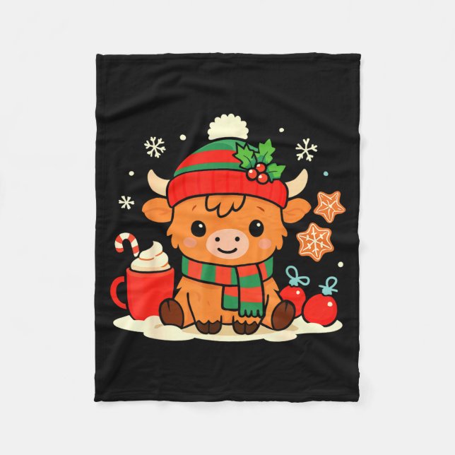 Cute Christmas Highland Cow Heifer Xmas Farm Anima Fleece Blanket (Front)