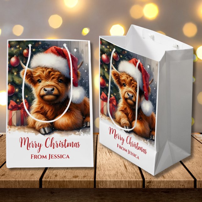 Cute Christmas Highland Cow Medium Gift Bag (Creator Uploaded)