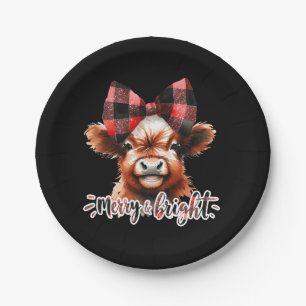 Cute Christmas Highland Cow Merry & Bright Paper Plate