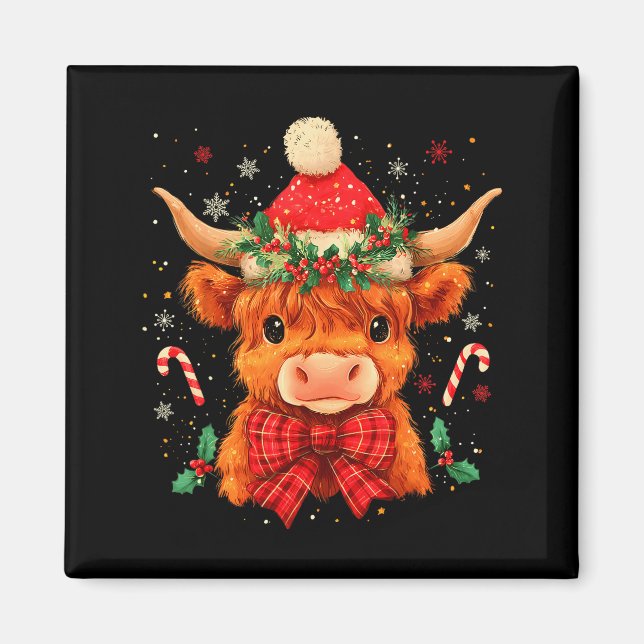 Cute Christmas Highland Cow Mooey Xmas Heifer Sant Magnet (Front)