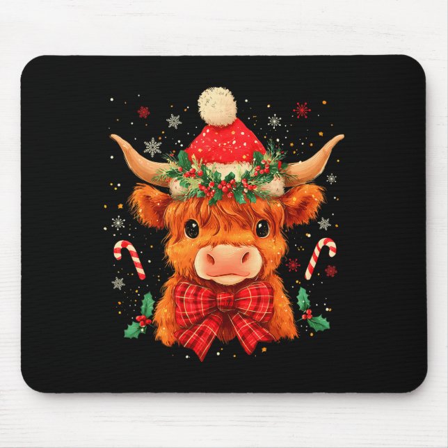 Cute Christmas Highland Cow Mooey Xmas Heifer Sant Mouse Pad (Front)