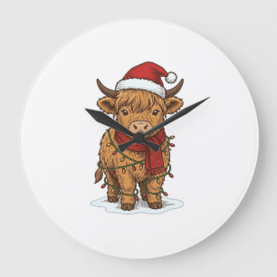 Cute Christmas Highland Cow Vintage Engraving Shir Large Clock