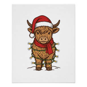 Cute Christmas Highland Cow Vintage Engraving Shir Poster