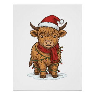 Cute Christmas Highland Cow Vintage Engraving Shir Poster