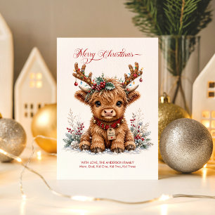 Cute Christmas Highland Cow with Festive Antlers Card