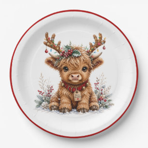 Cute Christmas Highland Cow with Festive Antlers Paper Plate