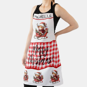 Cute Christmas Highland Cows in a sleigh  Apron