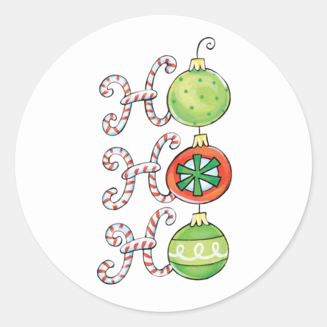 Cute Christmas Ho Ho Ho, Candy Canes Ornaments Classic Round Sticker (Front)