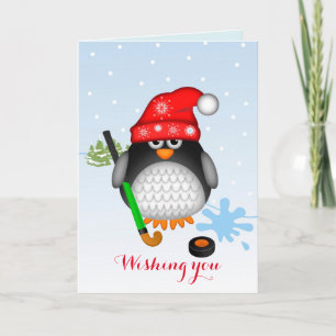 Cute Christmas Hockey Penguin & custom text card