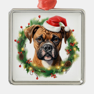 CUTE CHRISTMAS HOLIDAY BOXER DOG & WREATH METAL ORNAMENT