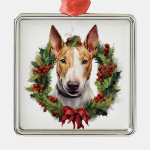 CUTE CHRISTMAS HOLIDAY BULL TERRIER DOG & WREATH METAL ORNAMENT