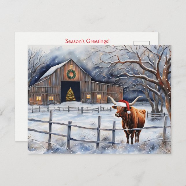 Cute Christmas Holiday Cow and Barn Country Postcard (Front/Back)