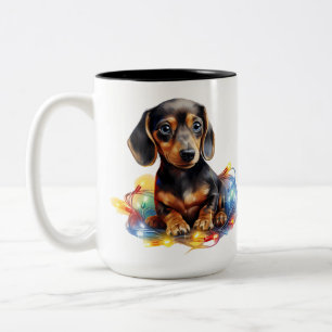 CUTE CHRISTMAS HOLIDAY DACHSHUND PUPPY DOG Two-Tone COFFEE MUG