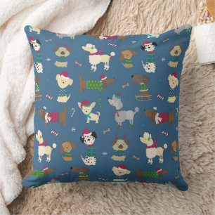 Cute Christmas Holiday Dog Pattern on Blue Cushion