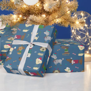 Cute Christmas Holiday Dog Pattern on Blue Wrapping Paper