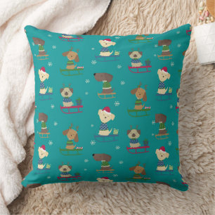 Cute Christmas Holiday Dogs on Sleds Pattern Cushion