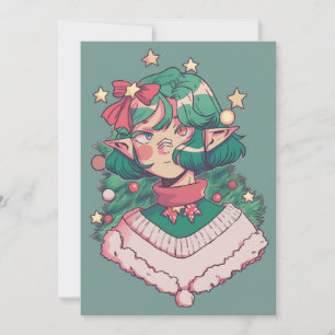 Cute Christmas Holiday Elf Anime Girl Card