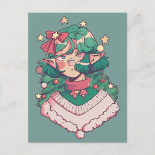 Cute Christmas Holiday Elf Anime Girl Postcard