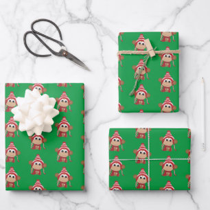Cute  Christmas Holiday Monkeys Wrapping Paper Sheet