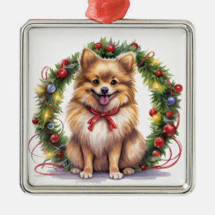 CUTE CHRISTMAS HOLIDAY POMERANIAN DOG & WREATH METAL ORNAMENT