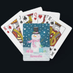 Cute Christmas Holiday Snowman Playing Cards<br><div class="desc">Cute navy blue,  pink and white snowman playing cards. Customise this with your name,  or other text. You can also change the font,  adjust the font size and font colour,  move the text,  add additional text fields,  etc.</div>