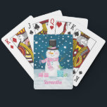 Cute Christmas Holiday Snowman Playing Cards<br><div class="desc">Cute navy blue,  pink and white snowman playing cards. Customise this with your name,  or other text. You can also change the font,  adjust the font size and font colour,  move the text,  add additional text fields,  etc.</div>