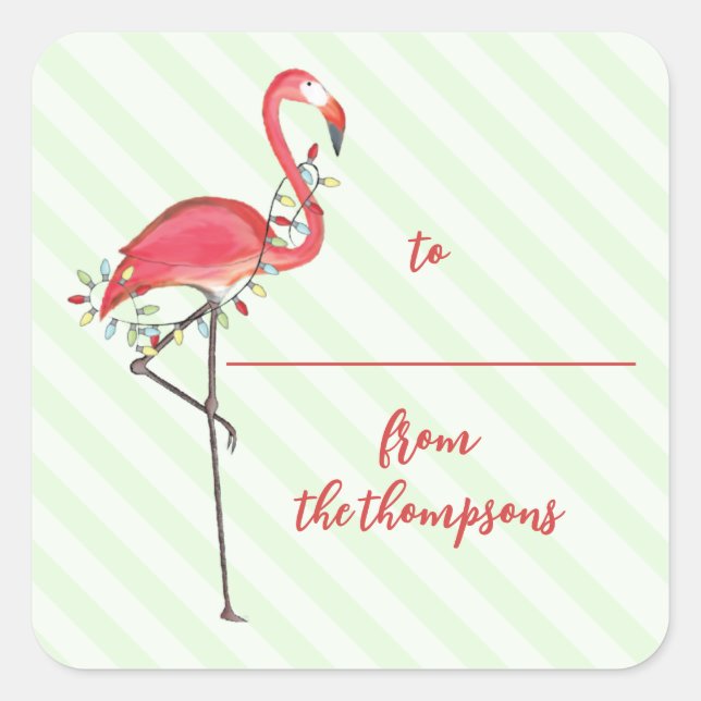 Cute Christmas Holiday String Lights Pink Flamingo Square Sticker (Front)
