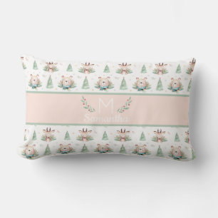 Cute Christmas Holiday Trees Bear & Deer Monogram Lumbar Cushion