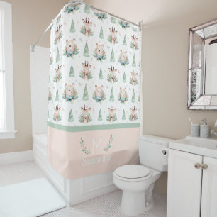 Cute Christmas Holiday Trees Bear & Deer Monogram Shower Curtain