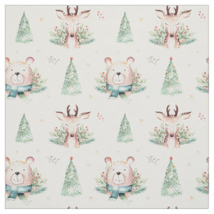 Cute Christmas Holiday Trees Woodland Bear & Deer Fabric