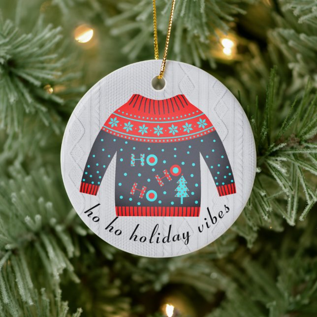 Cute Christmas Holiday Vibes Sweater Family Name Ceramic Ornament (Tree)