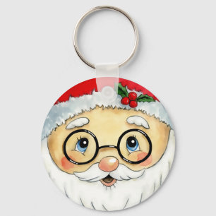 Cute Christmas Holiday Watercolor Santa Face Key Ring