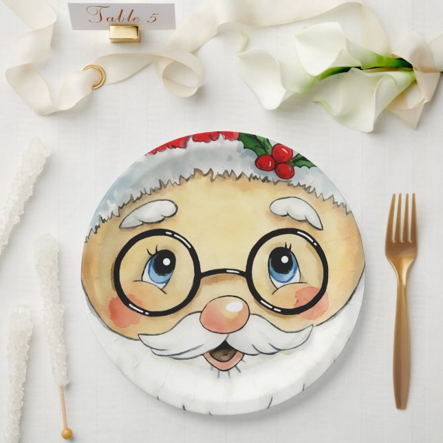 Cute Christmas Holiday Watercolor Santa Face Paper Plate (Wedding)