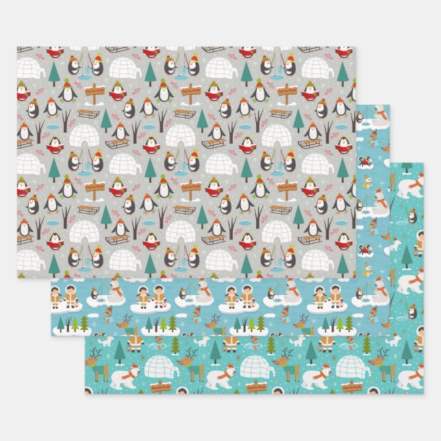 Cute Christmas Holiday Winter Wonderland Cartoon Wrapping Paper Sheet (Set)